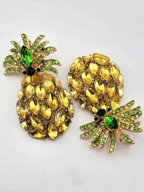 Gold Tone Pineapple Statement Earrings Yellow Rhinestone Tropical Fruit Bold